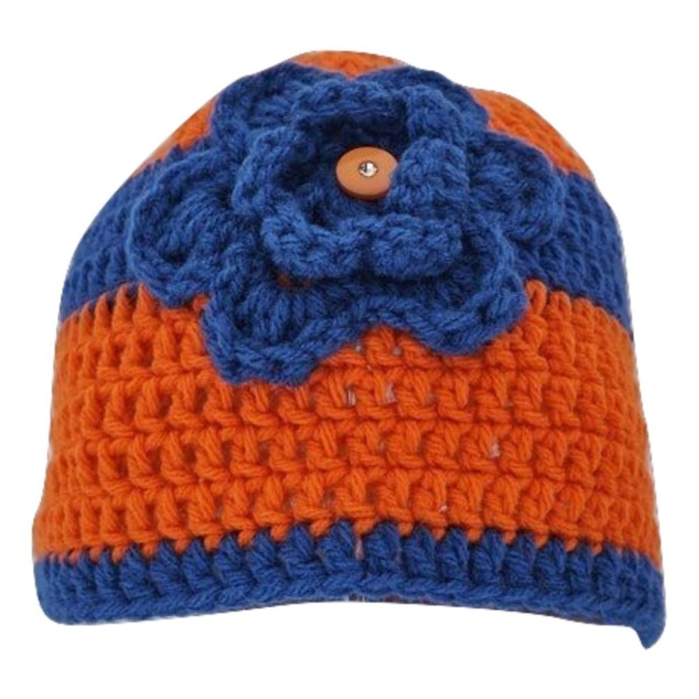 Women’s Homemade Hand Crocheted Orange and Blue Flower Beanie Winter Hat